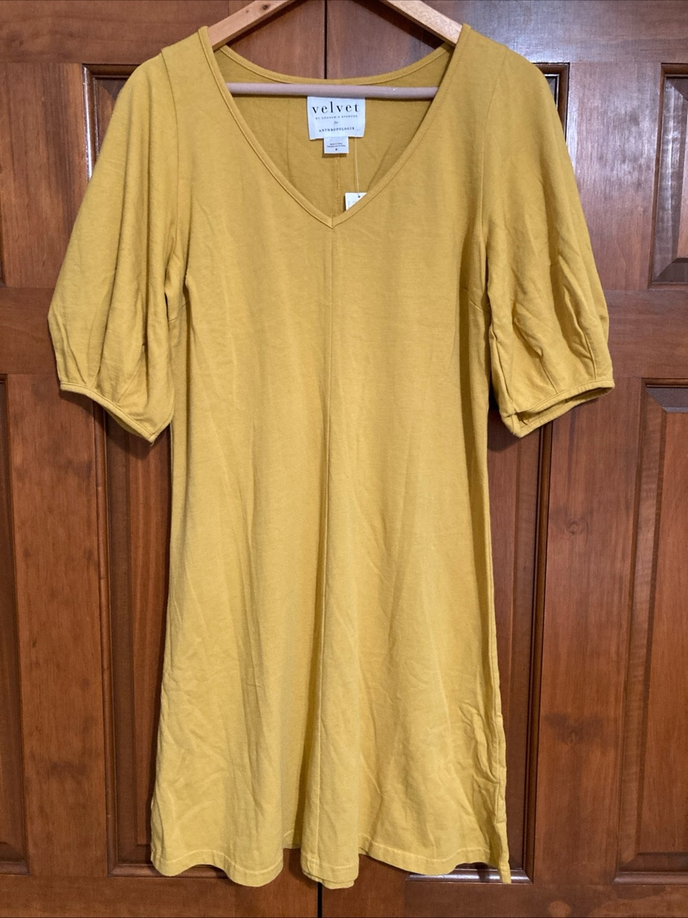 NWT Velvet by Graham & Spencer Yellow front seamed A-line puff sleeve dress Sz L
